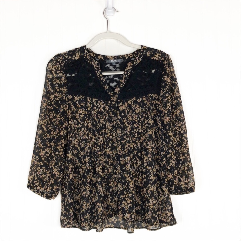 Miss Me Peasant Bohemian Black Brown Semi-Sheer Floral Blouse
